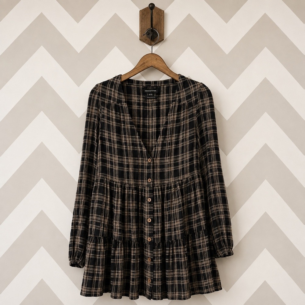 Urban Outfitters Plaid Tiered Babydoll Mini Dress Black Tan Small